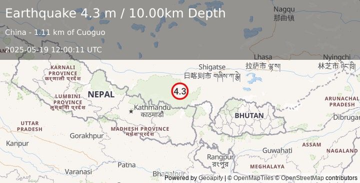 Earthquake WESTERN XIZANG (4.3 m) (2025-05-19 12:00:11 UTC)