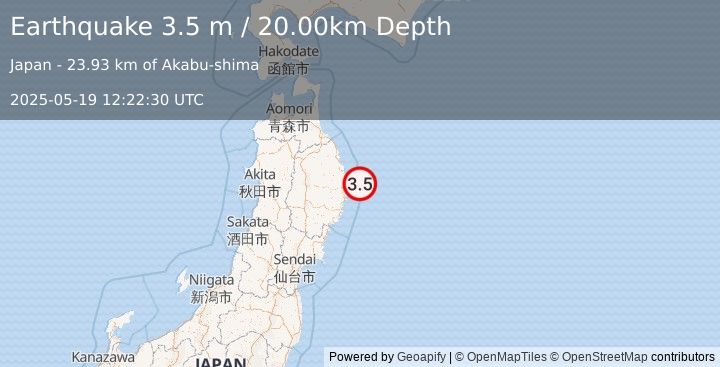 Earthquake NEAR EAST COAST OF HONSHU, JAPAN (3.5 m) (2025-05-19 12:22:30 UTC)