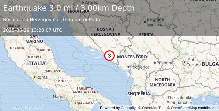 Earthquake BOSNIA AND HERZEGOVINA (3.0 ml) (2025-05-19 13:20:07 UTC)