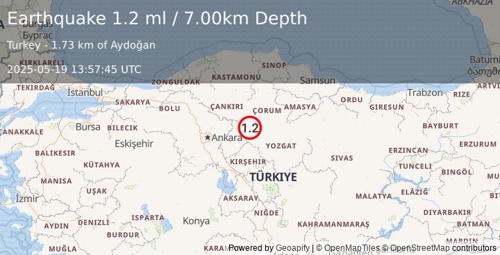 Earthquake CENTRAL TURKEY (1.2 ml) (2025-05-19 13:57:45 UTC)
