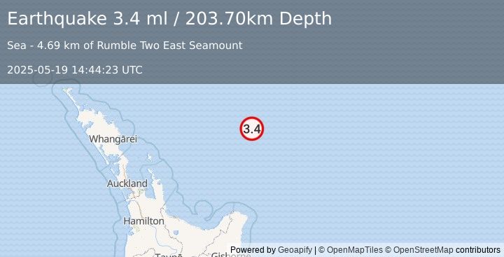 Earthquake OFF E. COAST OF N. ISLAND, N.Z. (3.4 ml) (2025-05-19 14:44:23 UTC)