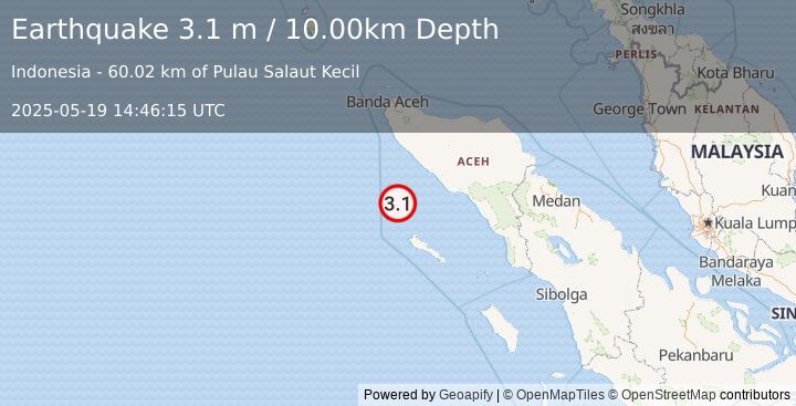 Earthquake OFF W COAST OF NORTHERN SUMATRA (3.1 m) (2025-05-19 14:46:15 UTC)