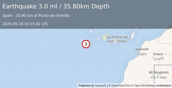 Earthquake CANARY ISLANDS, SPAIN REGION (3.0 ml) (2025-05-19 15:15:42 UTC)
