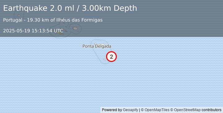 Earthquake AZORES ISLANDS REGION (2.0 ml) (2025-05-19 15:13:54 UTC)