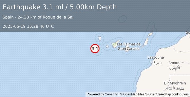 Earthquake CANARY ISLANDS, SPAIN REGION (3.0 ml) (2025-05-19 15:28:47 UTC)