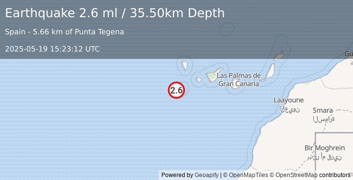 Earthquake CANARY ISLANDS, SPAIN REGION (2.4 ml) (2025-05-19 15:22:35 UTC)