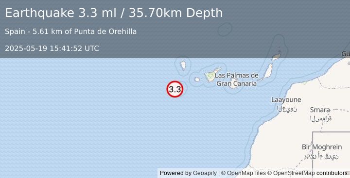 Earthquake CANARY ISLANDS, SPAIN REGION (3.3 ml) (2025-05-19 15:41:52 UTC)