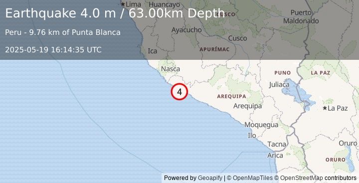 Earthquake NEAR COAST OF SOUTHERN PERU (4.0 m) (2025-05-19 16:14:35 UTC)