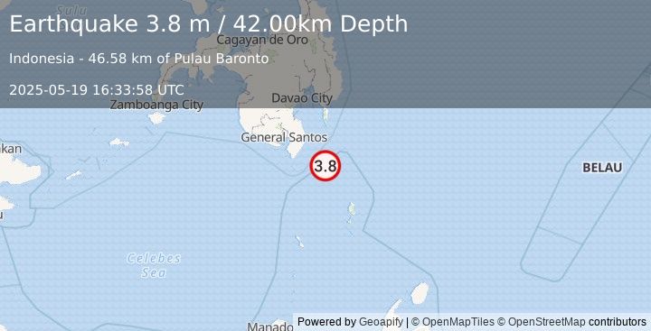Earthquake MINDANAO, PHILIPPINES (3.8 m) (2025-05-19 16:33:55 UTC)