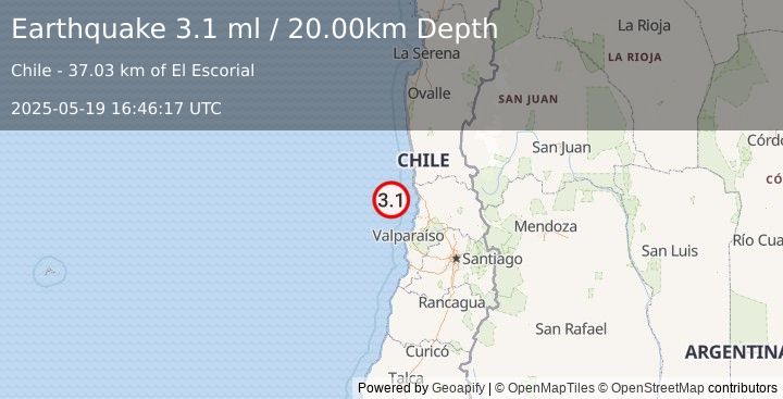 Earthquake OFFSHORE VALPARAISO, CHILE (3.1 ml) (2025-05-19 16:46:17 UTC)