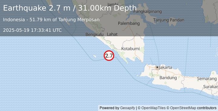 Earthquake SOUTHERN SUMATRA, INDONESIA (2.7 m) (2025-05-19 17:33:41 UTC)