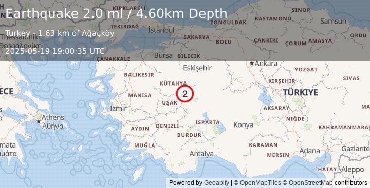 Earthquake WESTERN TURKEY (2.0 ml) (2025-05-19 19:00:35 UTC)