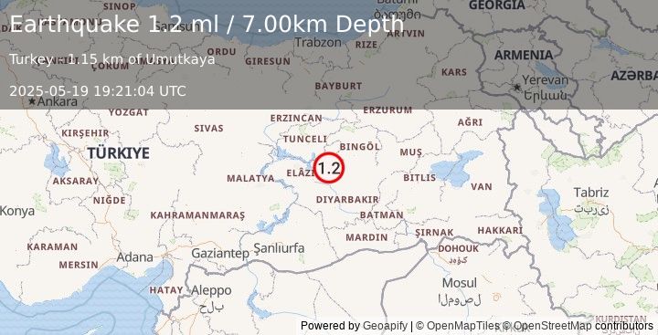 Earthquake EASTERN TURKEY (1.2 ml) (2025-05-19 19:21:04 UTC)