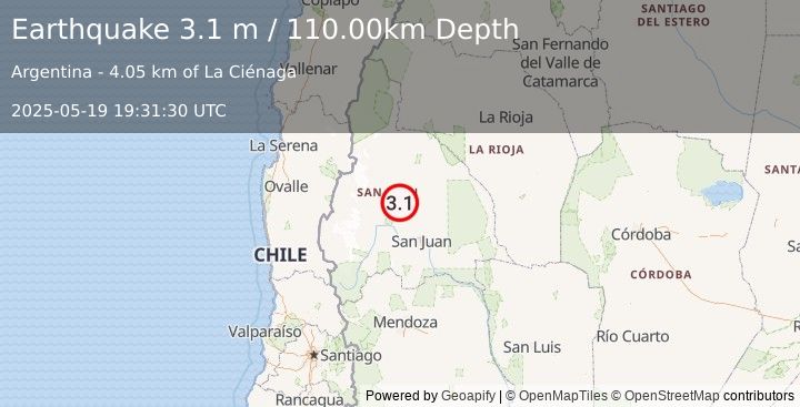 Earthquake SAN JUAN, ARGENTINA (3.1 m) (2025-05-19 19:31:30 UTC)