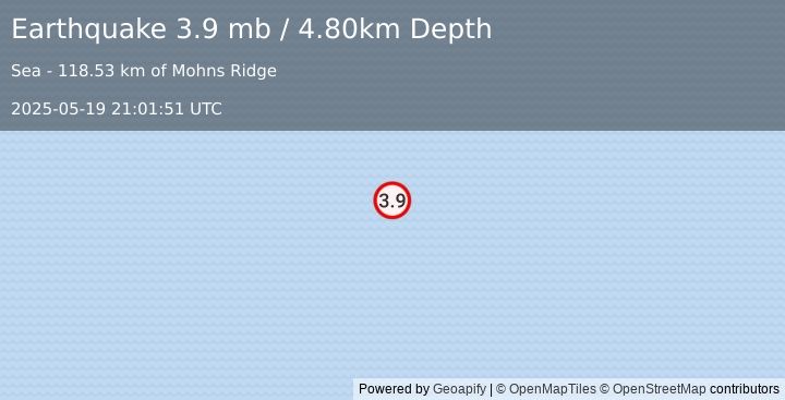Earthquake GREENLAND SEA (3.9 mb) (2025-05-19 21:01:51 UTC)