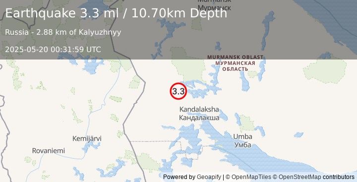 Earthquake NORTHWESTERN RUSSIA (3.3 ml) (2025-05-20 00:31:59 UTC)