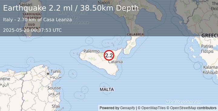 Earthquake SICILY, ITALY (2.2 ml) (2025-05-20 00:37:53 UTC)