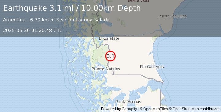 Earthquake SANTA CRUZ, ARGENTINA (3.1 ml) (2025-05-20 01:20:48 UTC)