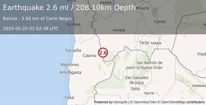 Earthquake POTOSI, BOLIVIA (2.6 ml) (2025-05-20 01:52:38 UTC)