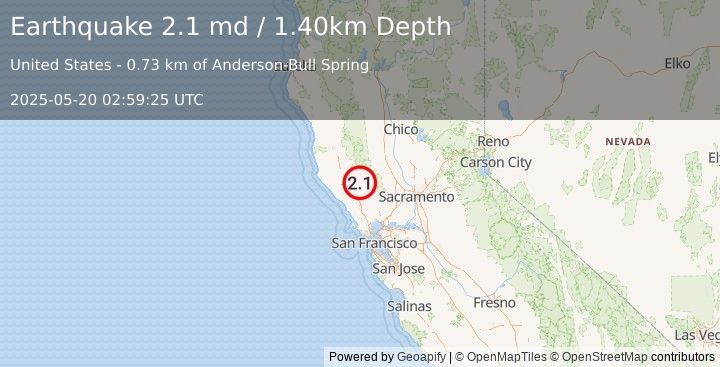 Earthquake NORTHERN CALIFORNIA (2.1 md) (2025-05-20 02:59:25 UTC)
