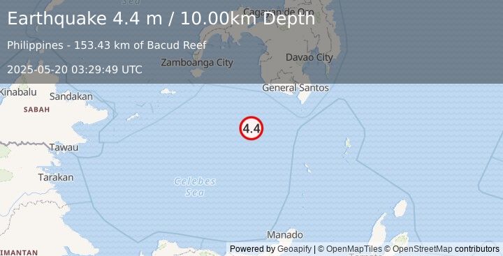 Earthquake CELEBES SEA (4.4 m) (2025-05-20 03:29:49 UTC)