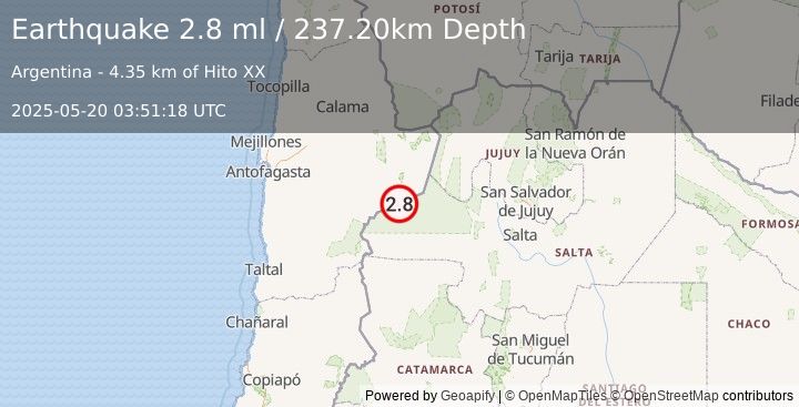 Earthquake SALTA, ARGENTINA (2.8 ml) (2025-05-20 03:51:18 UTC)