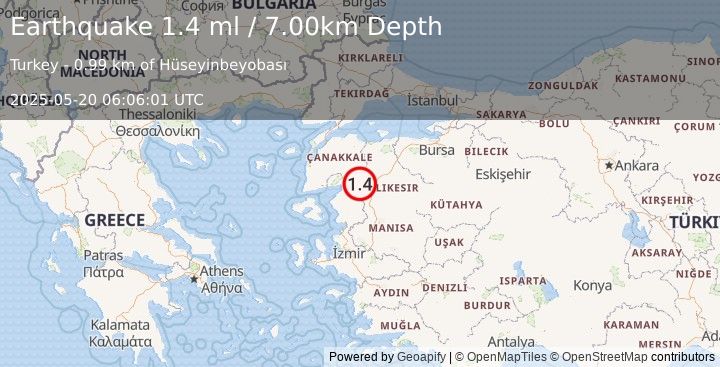 Earthquake WESTERN TURKEY (1.4 ml) (2025-05-20 06:06:01 UTC)