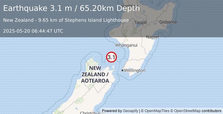 Earthquake COOK STRAIT, NEW ZEALAND (3.1 m) (2025-05-20 06:44:47 UTC)