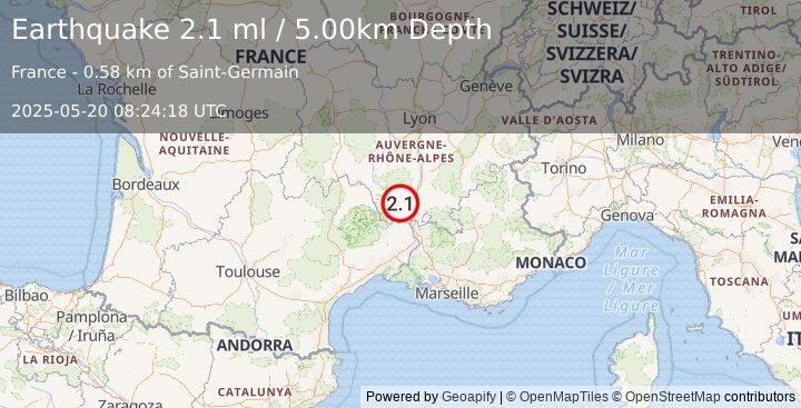 Earthquake FRANCE (2.1 ml) (2025-05-20 08:24:18 UTC)