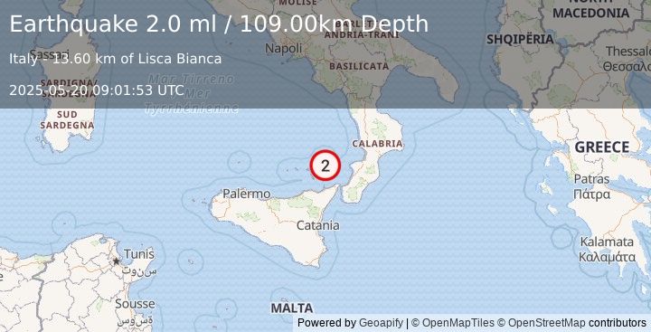 Earthquake SICILY, ITALY (2.0 ml) (2025-05-20 09:01:53 UTC)