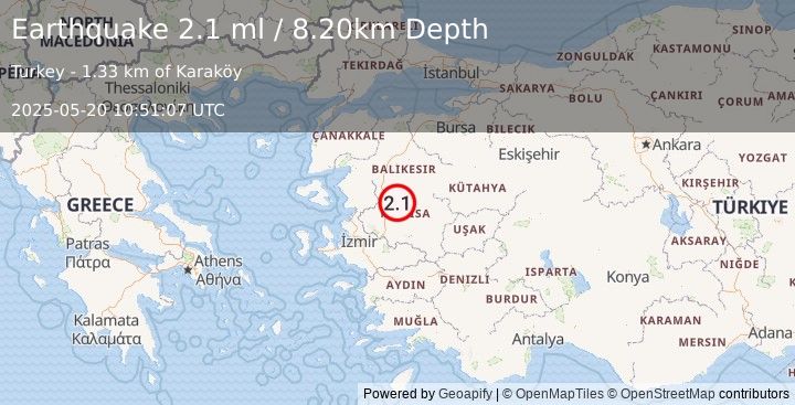 Earthquake WESTERN TURKEY (2.1 ml) (2025-05-20 10:51:07 UTC)