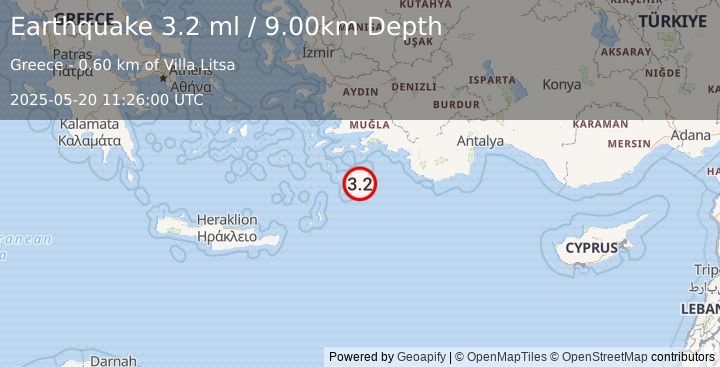 Earthquake DODECANESE IS.-TURKEY BORDER REG (3.2 ml) (2025-05-20 11:26:00 UTC)
