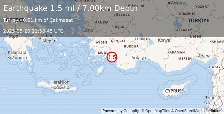 Earthquake DODECANESE IS.-TURKEY BORDER REG (1.5 ml) (2025-05-20 11:58:45 UTC)