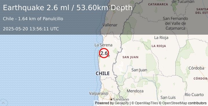 Earthquake COQUIMBO, CHILE (2.6 ml) (2025-05-20 13:56:11 UTC)