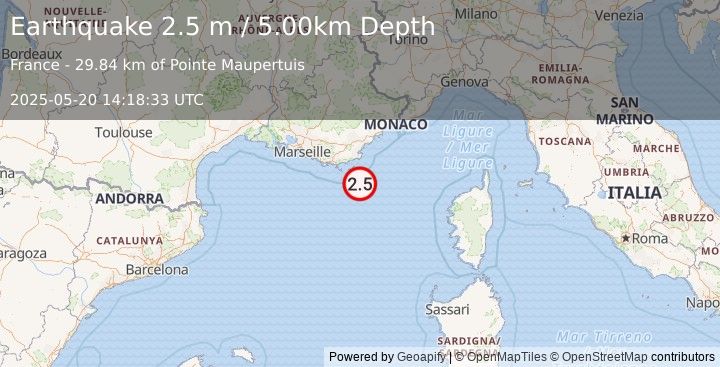 Earthquake WESTERN MEDITERRANEAN SEA (2.5 m) (2025-05-20 14:18:33 UTC)