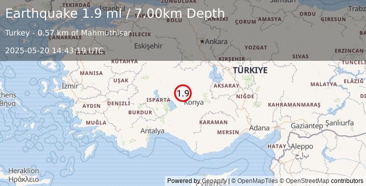 Earthquake CENTRAL TURKEY (1.9 ml) (2025-05-20 14:43:19 UTC)