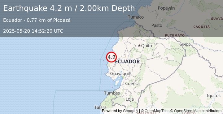 Earthquake NEAR COAST OF ECUADOR (4.2 m) (2025-05-20 14:52:20 UTC)