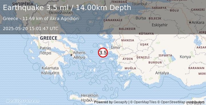 Earthquake NEAR THE COAST OF WESTERN TURKEY (3.5 ml) (2025-05-20 15:01:47 UTC)