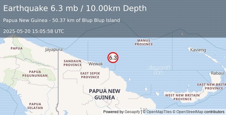 Earthquake NEAR N COAST OF NEW GUINEA, PNG. (6.4 mw) (2025-05-20 15:05:58 UTC)