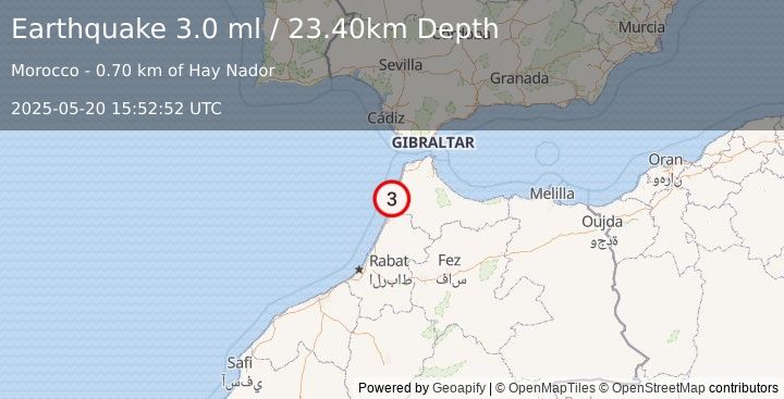 Earthquake STRAIT OF GIBRALTAR (3.0 ml) (2025-05-20 15:52:52 UTC)