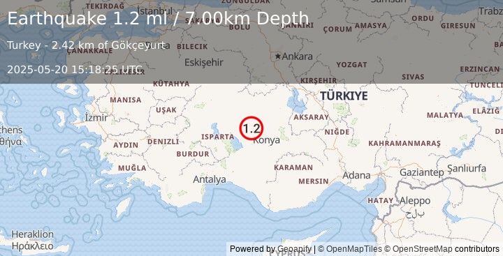 Earthquake CENTRAL TURKEY (1.2 ml) (2025-05-20 15:18:25 UTC)