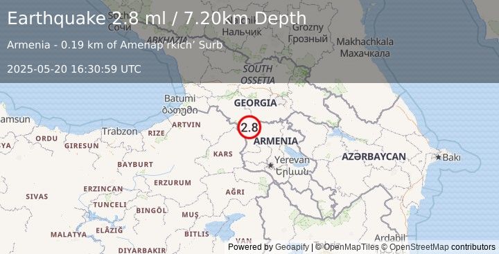 Earthquake ARMENIA (2.8 ml) (2025-05-20 16:30:59 UTC)