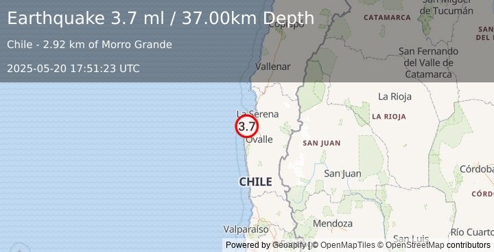 Earthquake OFFSHORE COQUIMBO, CHILE (3.6 ml) (2025-05-20 17:51:17 UTC)