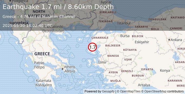 Earthquake NEAR THE COAST OF WESTERN TURKEY (1.7 ml) (2025-05-20 18:02:40 UTC)