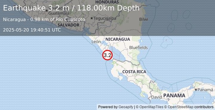 Earthquake NEAR COAST OF NICARAGUA (3.2 m) (2025-05-20 19:40:51 UTC)