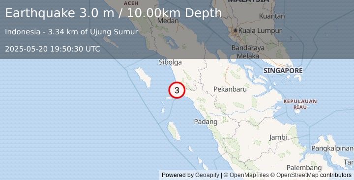 Earthquake NORTHERN SUMATRA, INDONESIA (3.0 m) (2025-05-20 19:50:30 UTC)