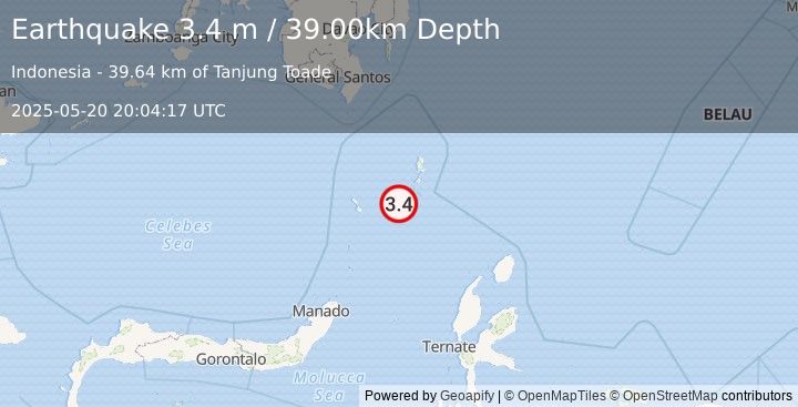 Earthquake KEPULAUAN TALAUD, INDONESIA (3.4 m) (2025-05-20 20:04:17 UTC)