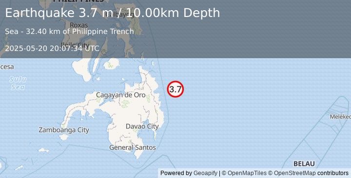 Earthquake PHILIPPINE ISLANDS REGION (3.7 m) (2025-05-20 20:07:34 UTC)