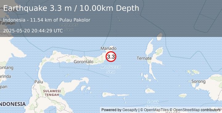 Earthquake MOLUCCA SEA (3.3 m) (2025-05-20 20:44:29 UTC)