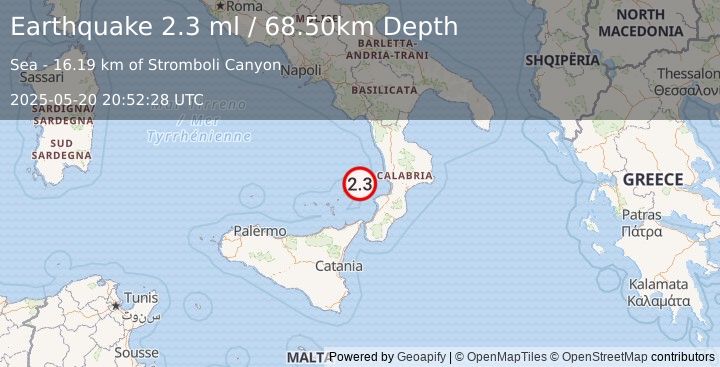 Earthquake SICILY, ITALY (2.3 ml) (2025-05-20 20:52:28 UTC)